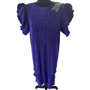 Vintage Patra Purple Pleated Dress With Sequin Floral Brooch Size 14 Womens